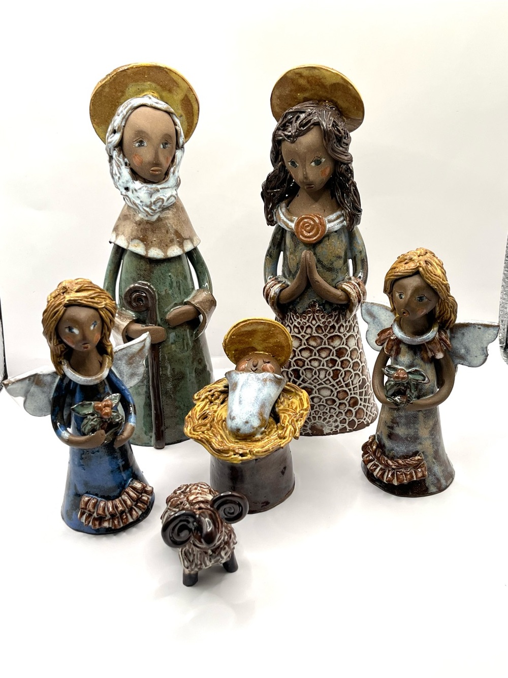 6 pc.  NATIVITY SET Handmade Glazed Clay Pottery Home Decor Art - Signed (RARE)